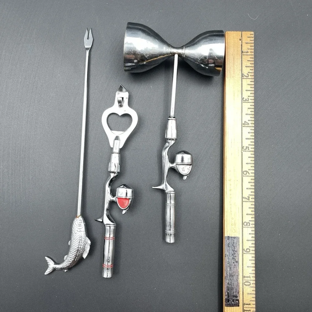 Fishing Theme Bar Tool Set Jigger Bottle Opener Fish Cocktail Pick Stainless